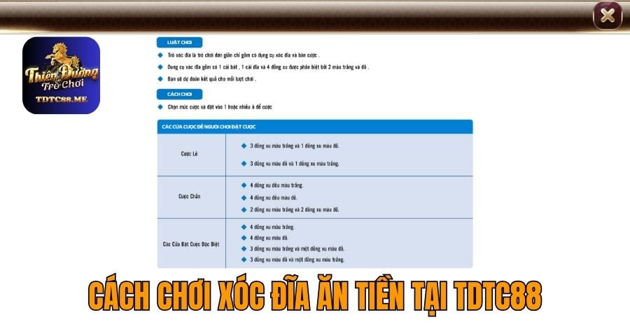 CÁCH CHƠI XÓC ĐĨA ĂN TIỀN TẠI TDTC88