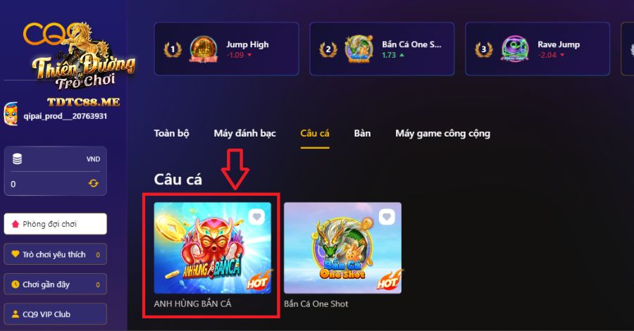 Người chơi vào nhà cung cấp CQ9 Slot và chọn game Anh Hùng Bắn Cá